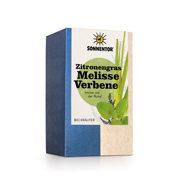 Auf der Tee-Packung steht oben "Zitronengras-Melisse Verbene Immer mit der Ruhe Bio-Kräuter". Es sind zusäztlich noch die kräuter Zitronengras, Melisse und Verbene abgebildet!